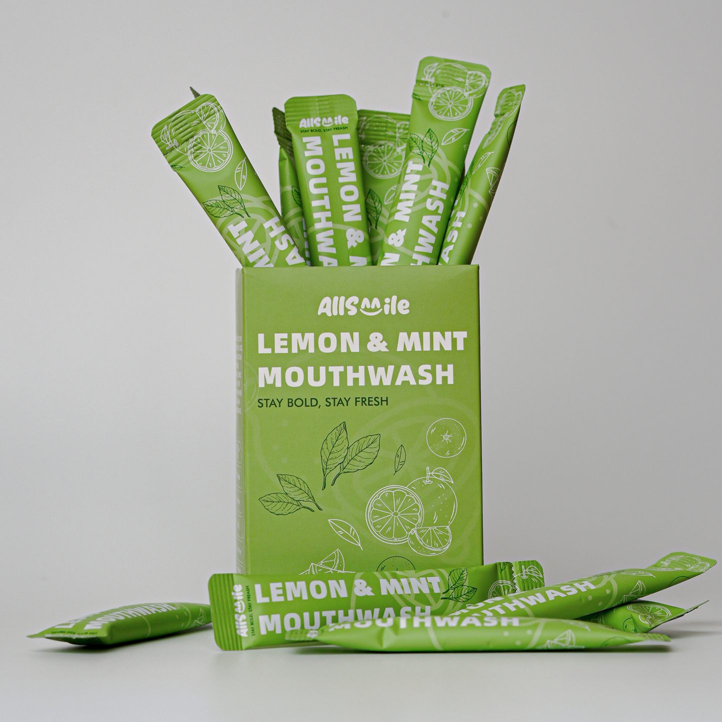 Allsmile Lemon & Mint Mouthwash, freshness everywhere, comes with 20 sachets.