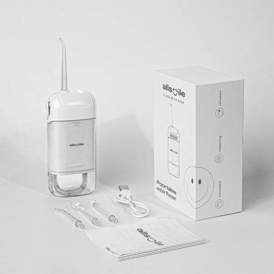 Allsmile portable cordless water flosser set with tips, USB charger,box and manual trusted oral care brand from Nepal.