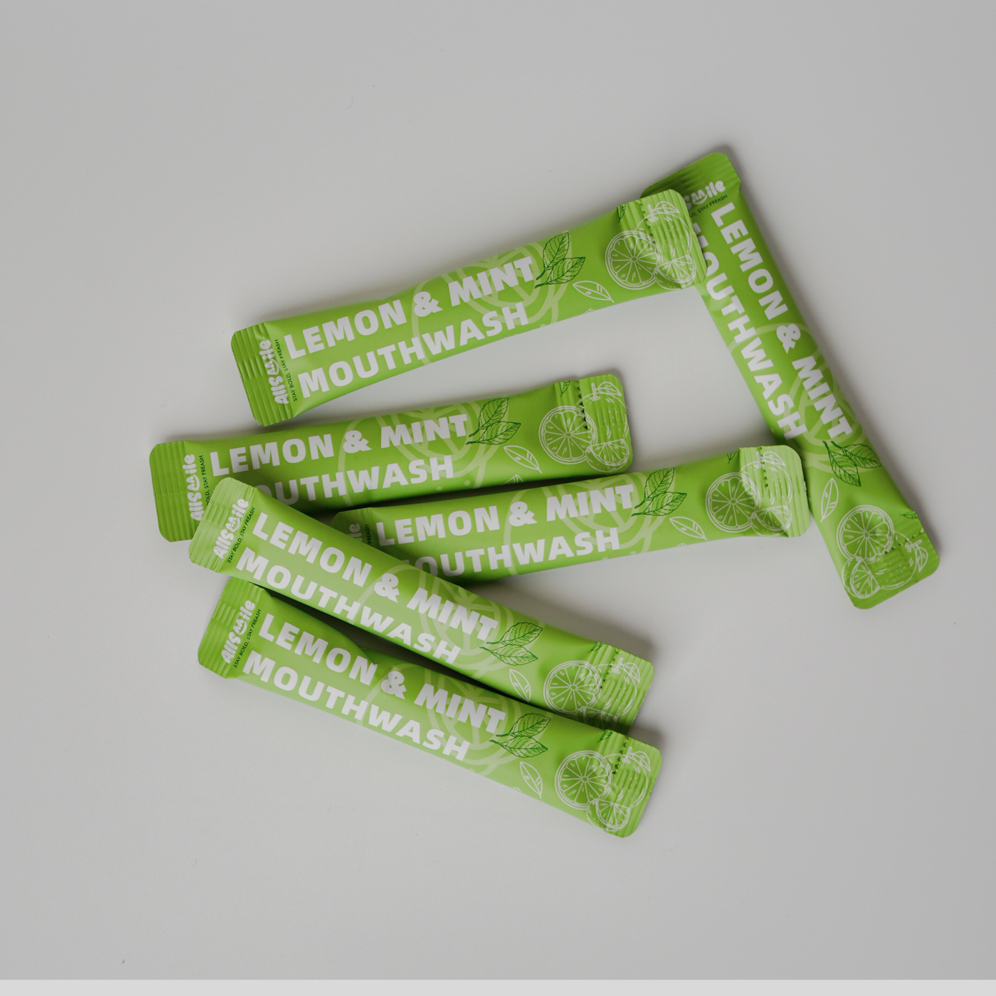 Alcohol free Allsmile Mouth Wash, 20 sachets in each packet. Flavor of Lemon & Mint.